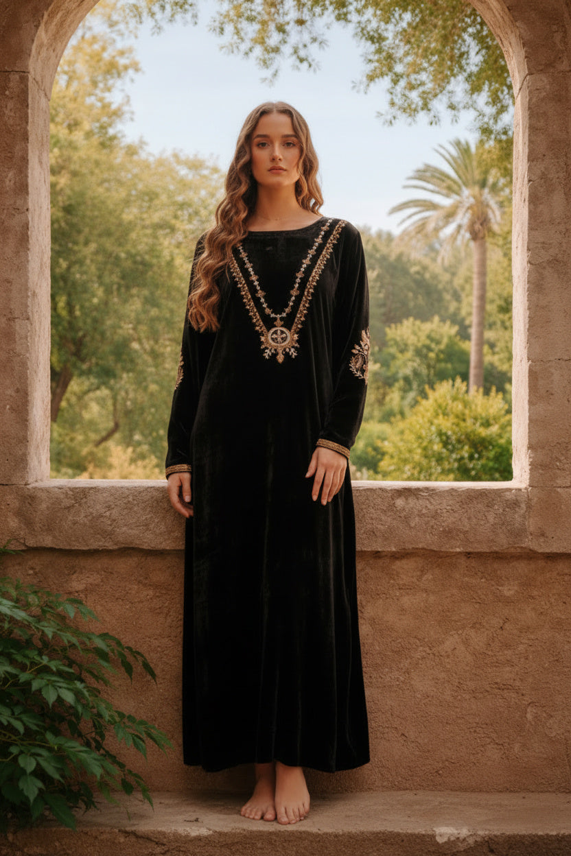 Woman in a black dress with intricate patterns standing in front of an archway with greenery.