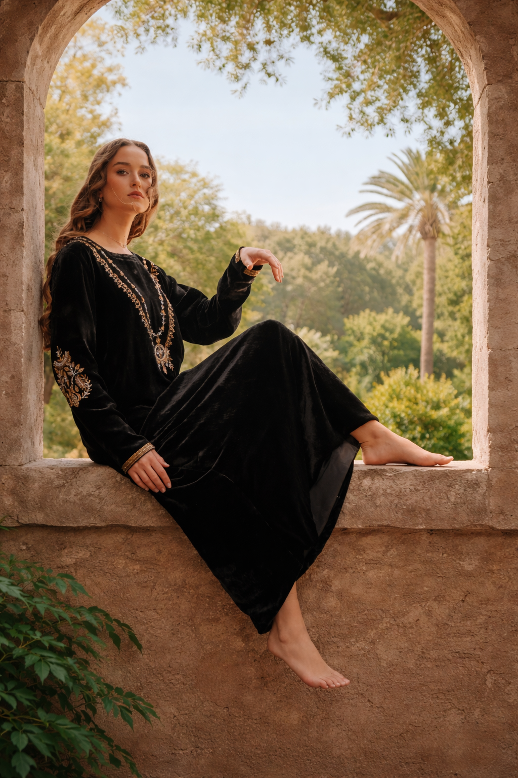 Woman in a black dress with gold embroidery sitting on a stone ledge with a garden view.