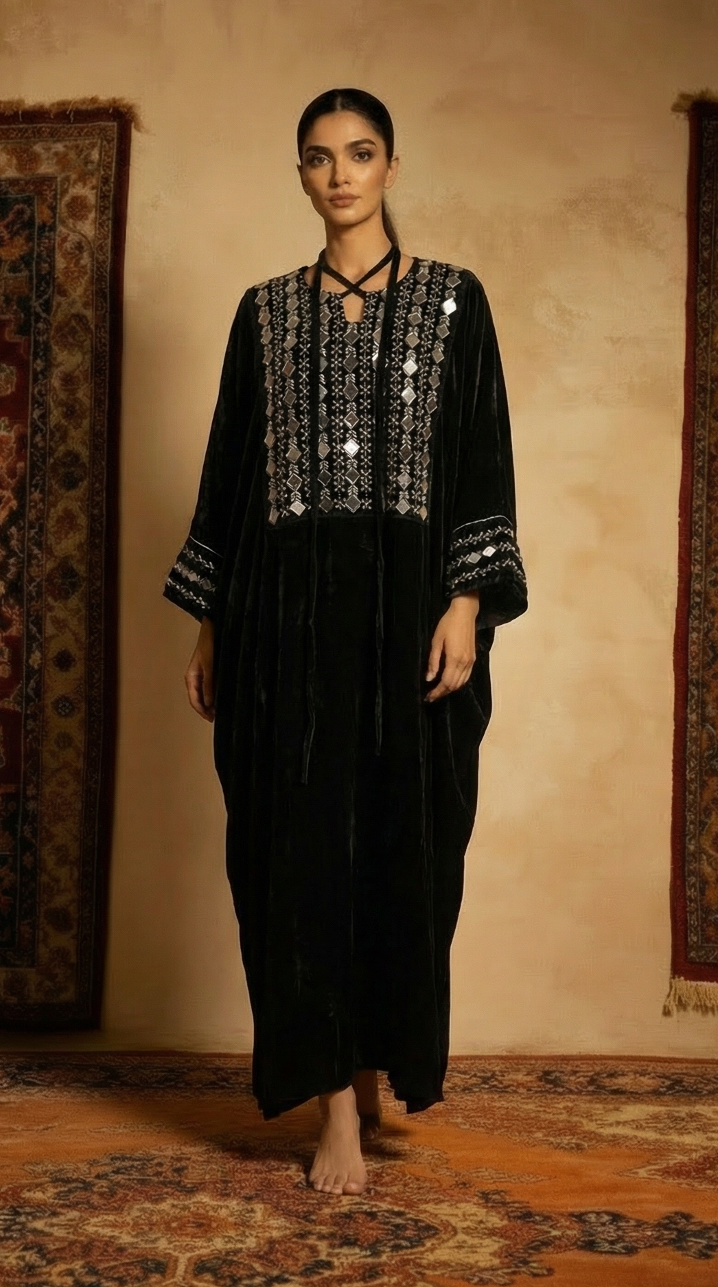 Woman in a black dress with white embroidery standing in a room with patterned rugs.