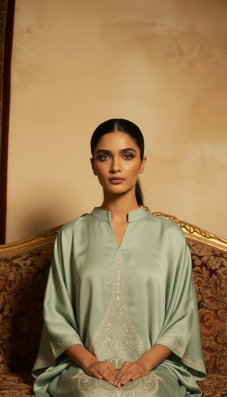 Woman in a light green traditional outfit with intricate patterns sitting on an ornate chair.