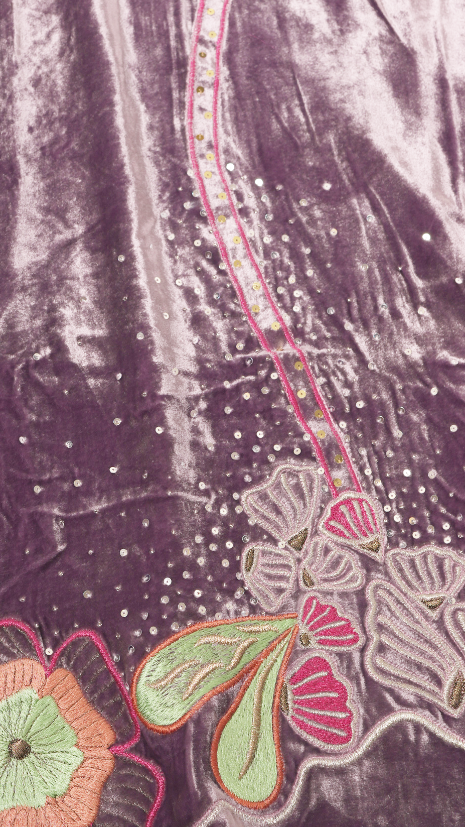 Close-up of embroidered fabric with floral patterns on a dark background