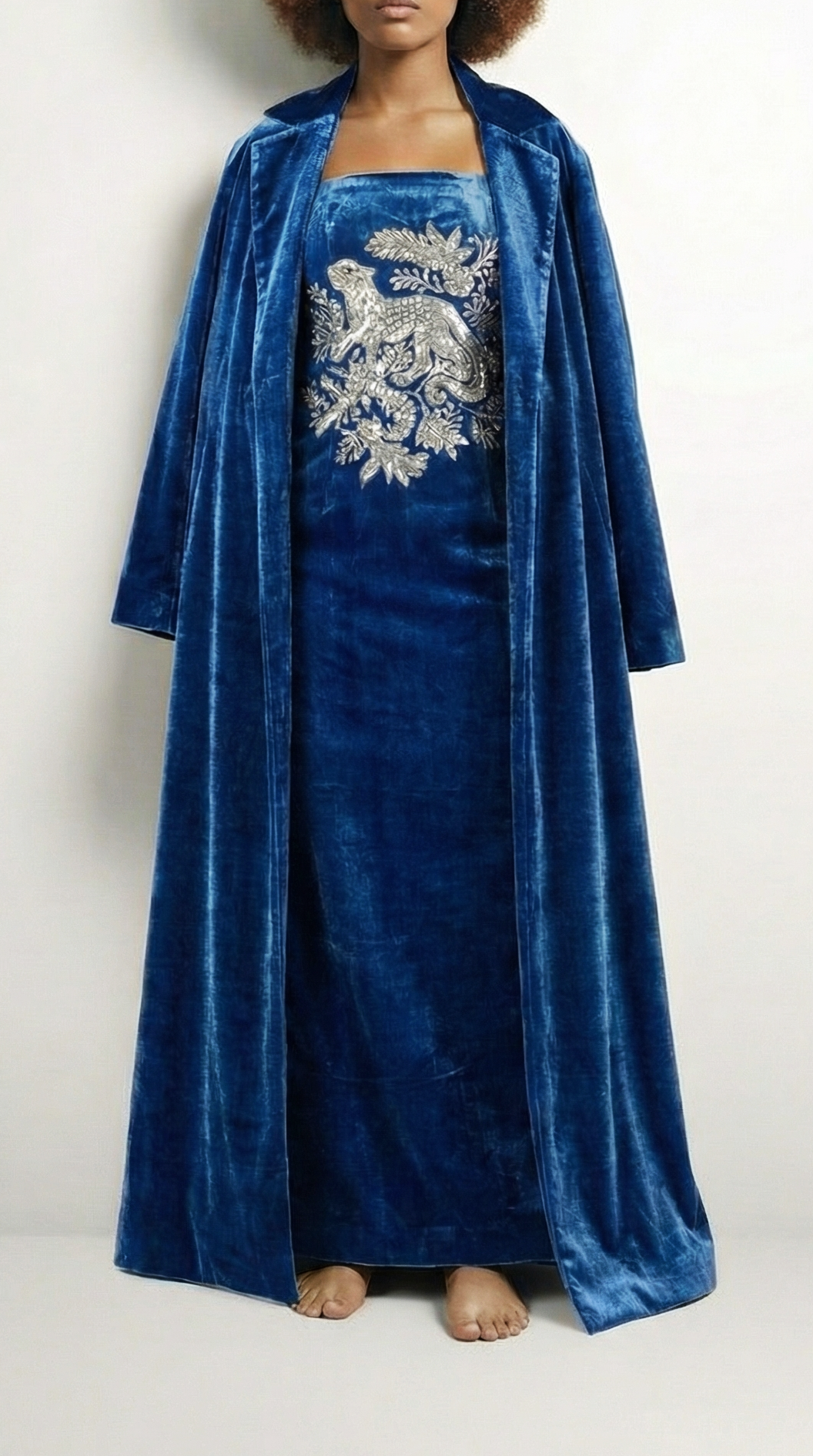 Blue velvet dress with floral embroidery and matching coat on a white background