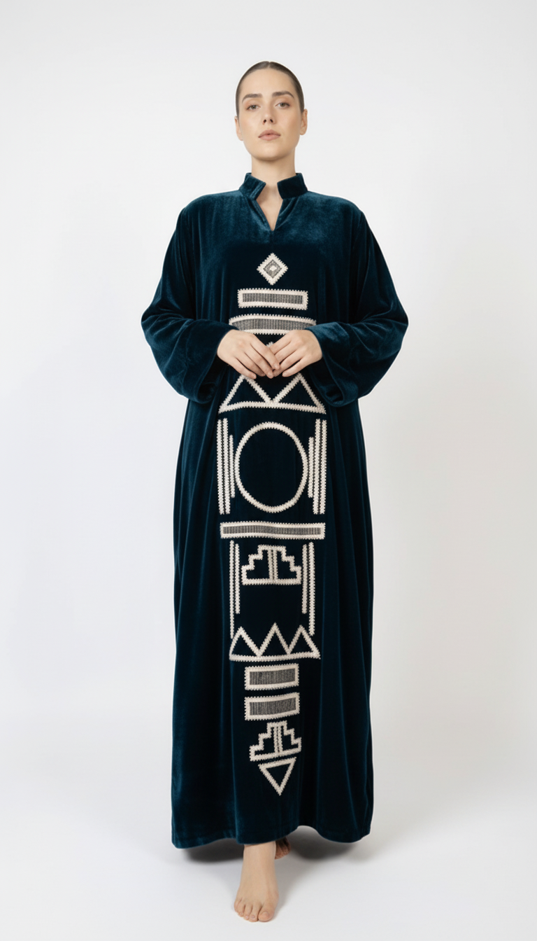 Woman wearing a dark green dress with geometric patterns on a white background