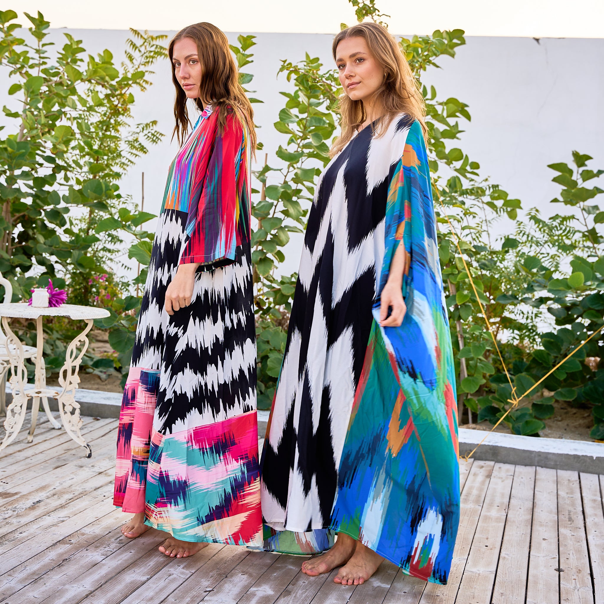 two models wearing muccii Kaftan in Kuwait, during Kaftans collection photoshoot session 