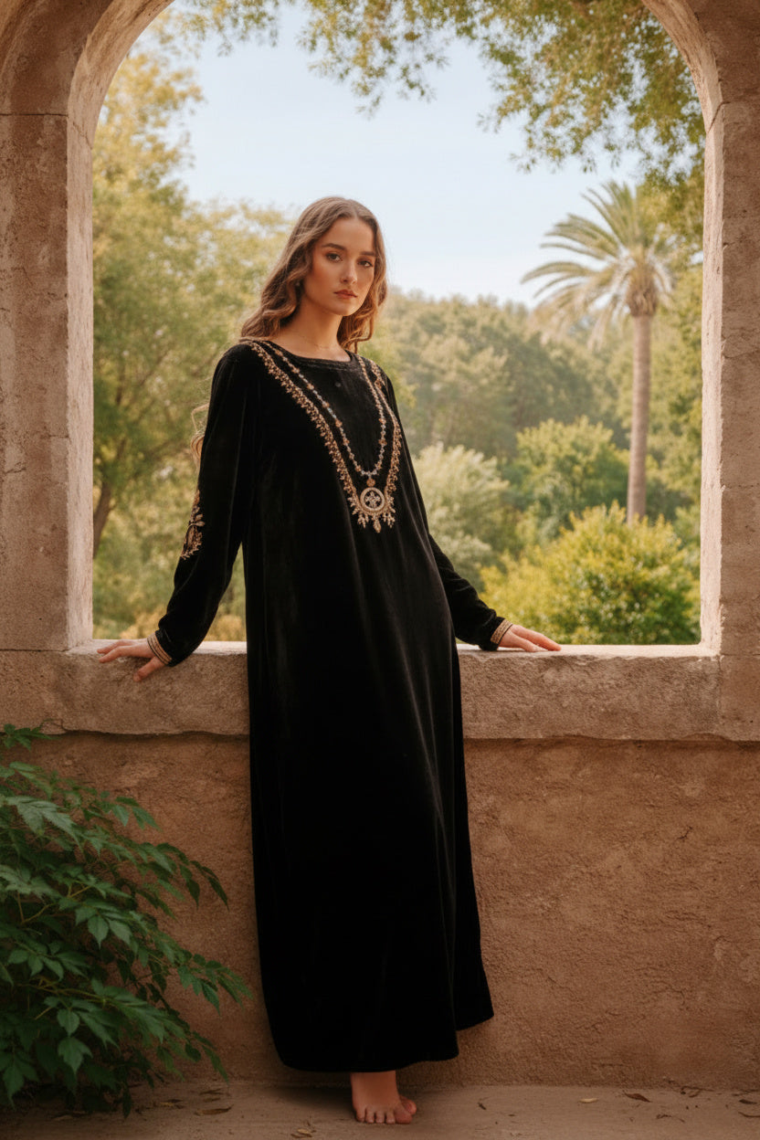 Woman in a black dress with gold embroidery standing in front of an archway with greenery.