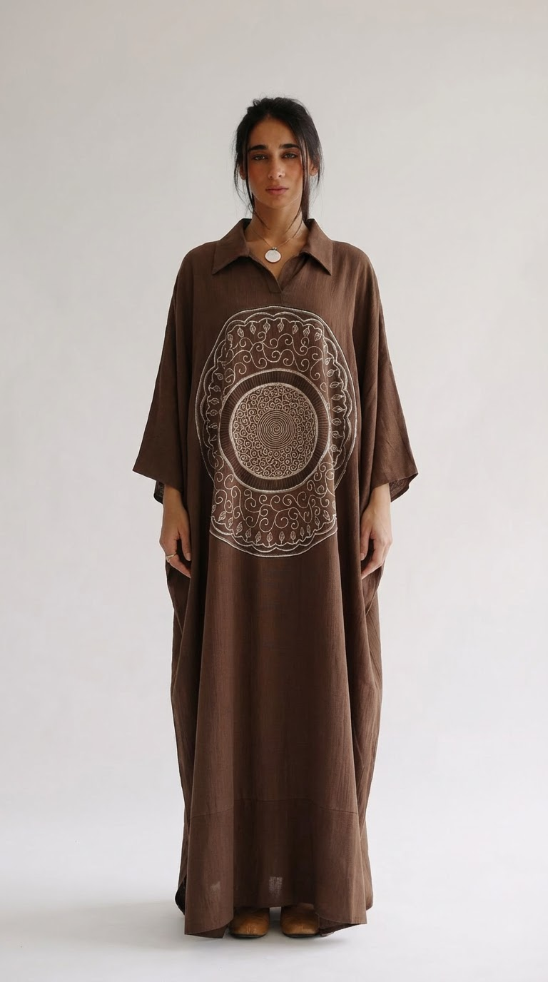 Sahara Medallion Embroidered Linen Kaftan Free Size 55  Muccii.com