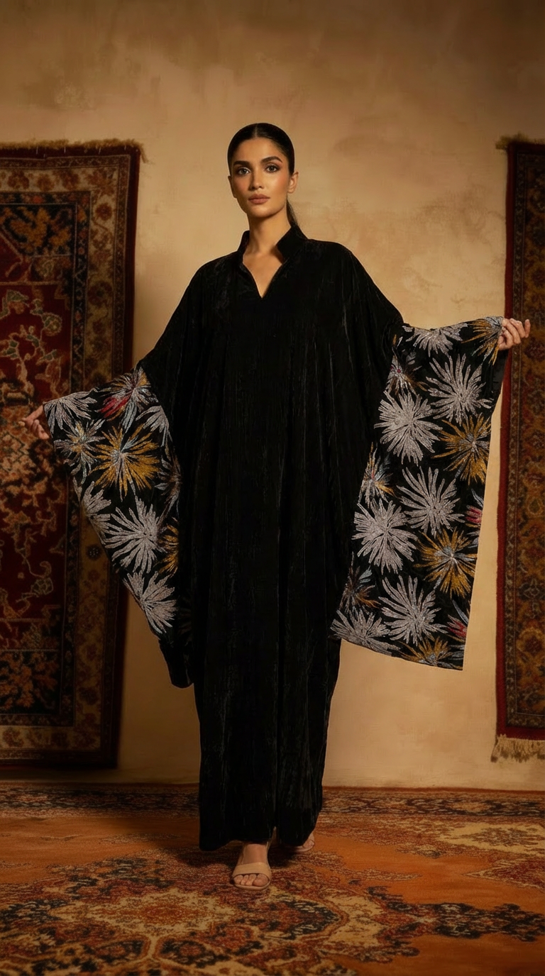 Woman holding a floral-patterned fabric in a room with patterned rugs.