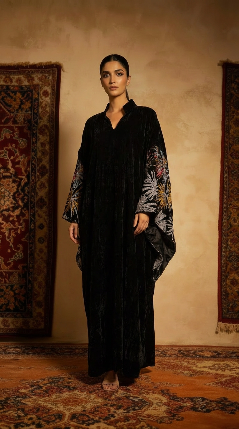 Woman in a black outfit with floral patterns standing in a room with patterned rugs.