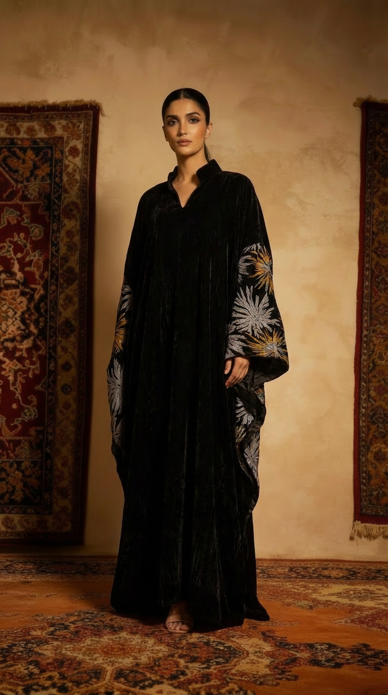 Woman wearing a black abaya with floral patterns in a room with patterned rugs.