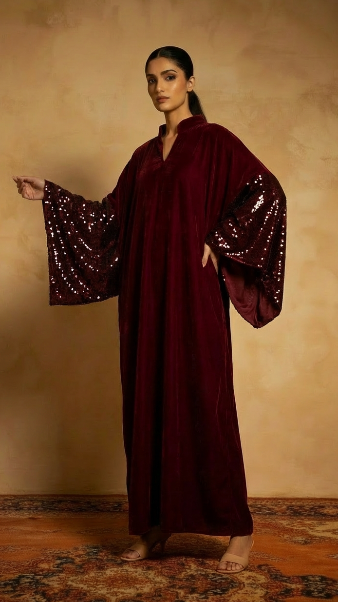 Woman wearing a burgundy dress with sequin sleeves against a beige wall.