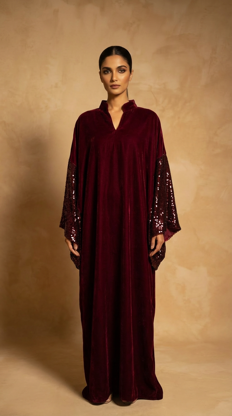 Woman wearing a burgundy dress with sequin sleeves against a beige background