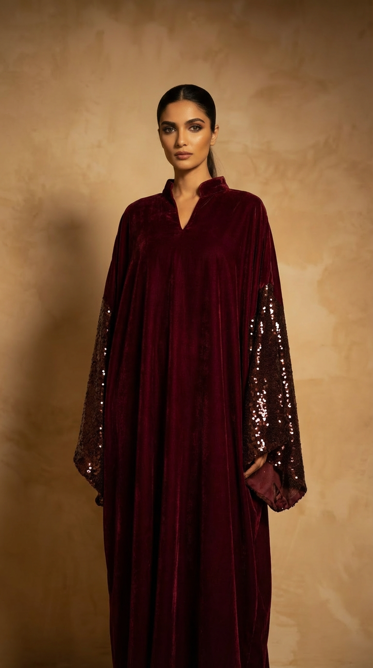 Woman wearing a burgundy velvet dress with sequin sleeves against a beige background