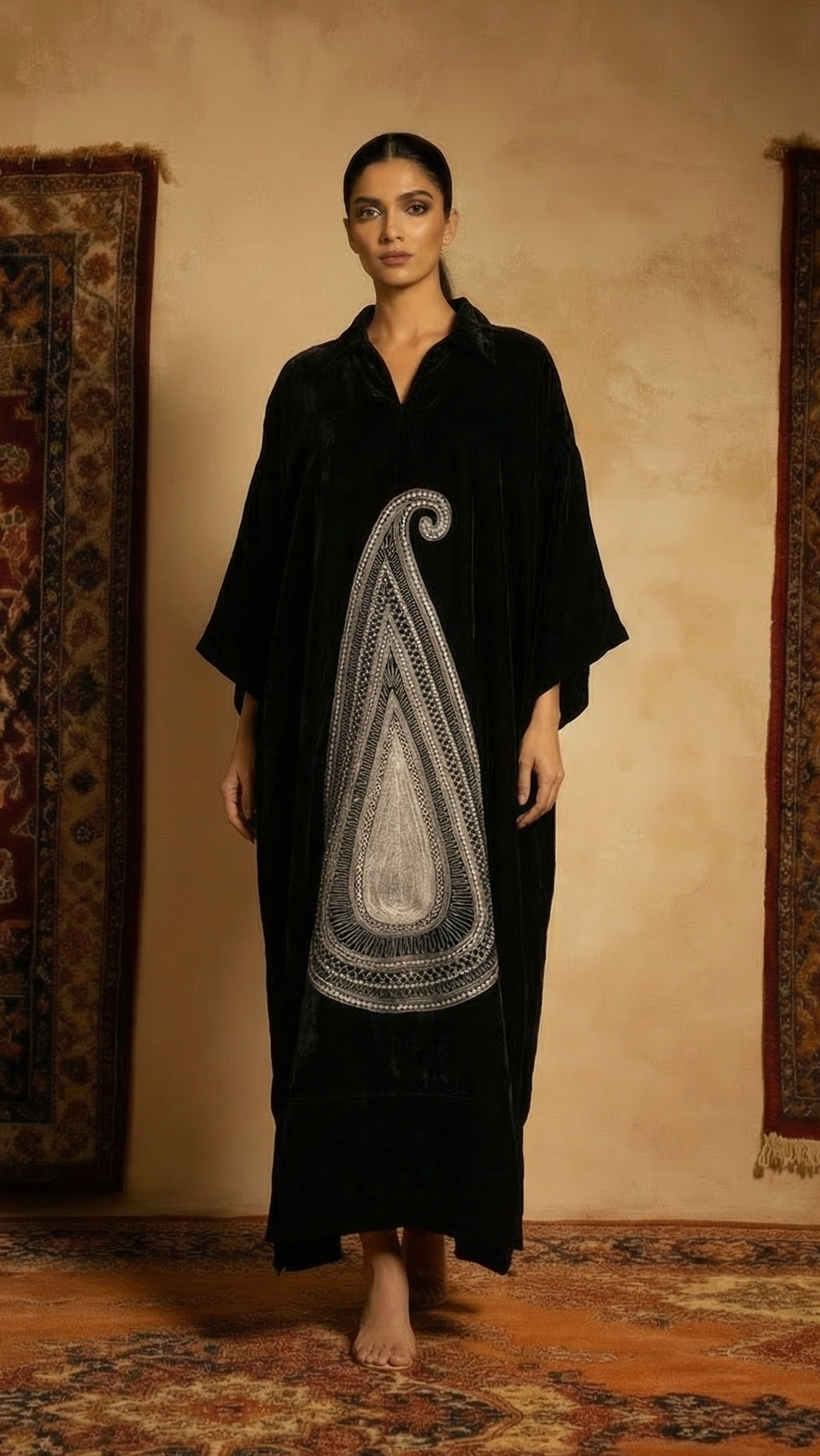 Woman wearing a black dress with a geometric pattern in a room with patterned rugs.